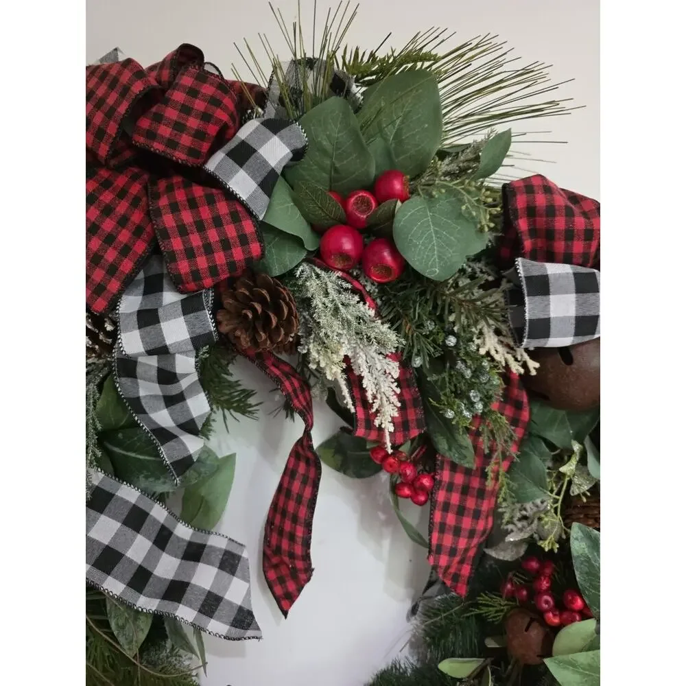 Handmade Buffalo Plaid Farmhouse Christmas Wreath Bells Berries Pinecones